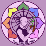 An animation of a man with a spiked mohawk holds a plant inside a rainbow colored petal flower.