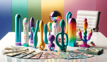 learn how to start a sexy toy business. Photo of various sex toys on a desk next to money